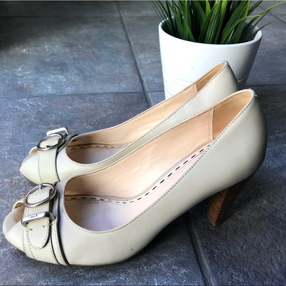 COACH Cream Heels with Buckle Detail